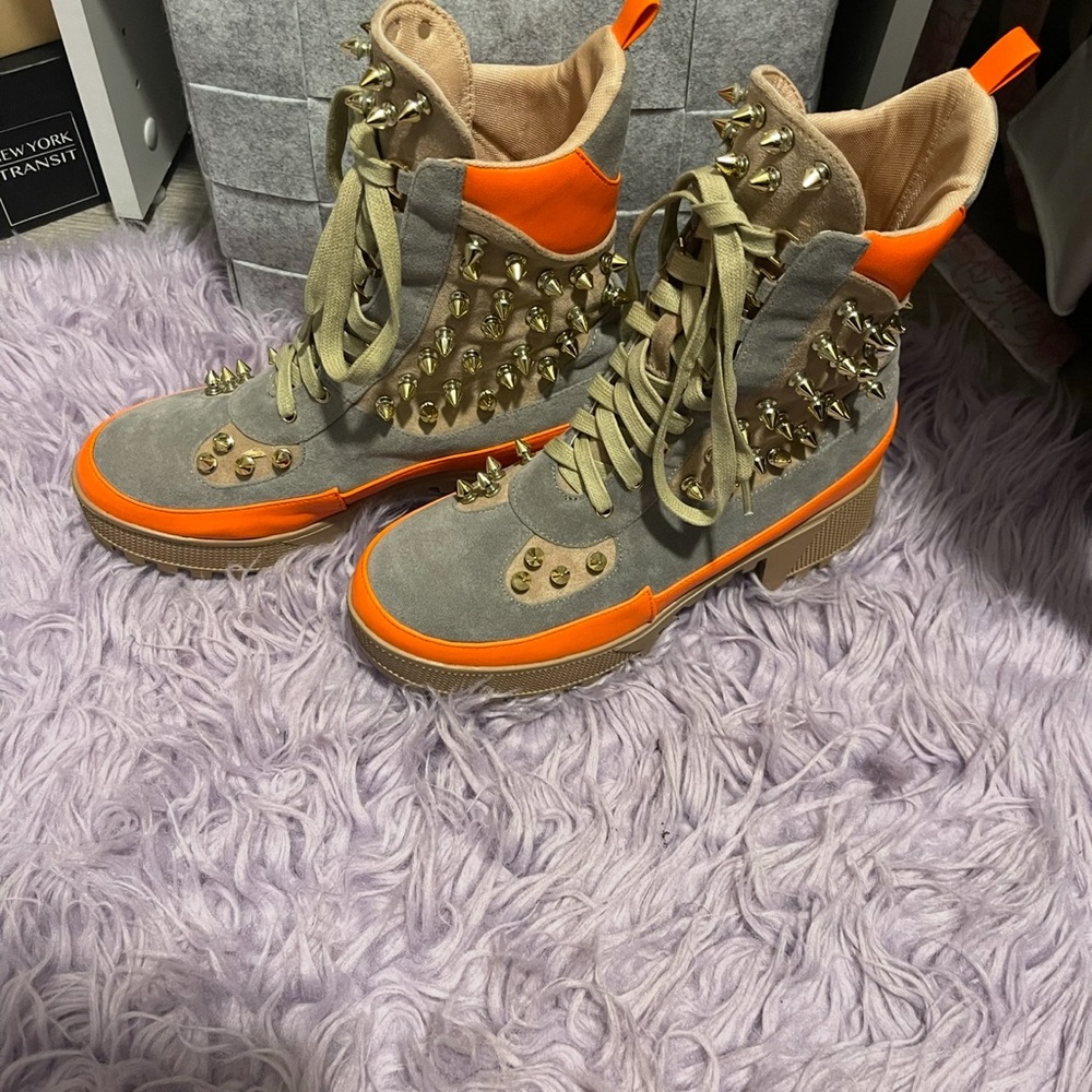 Cape Robbin Orange and Gray Studded Combat Boots - Picture 2 of 10